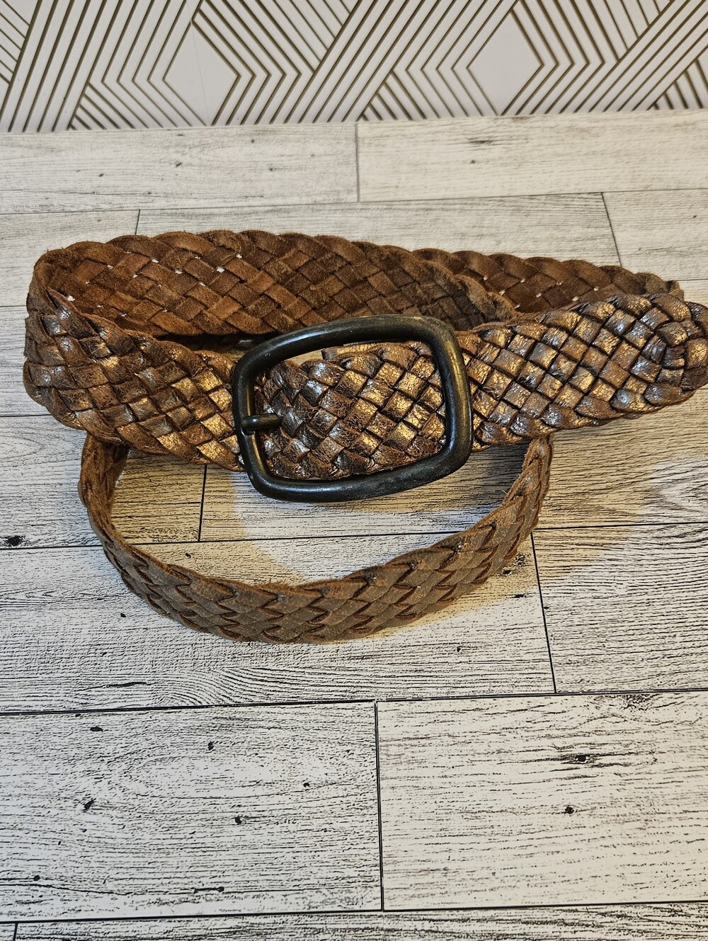 Vintage Gold Metallic Braided Leather Belt Boho 42" Long